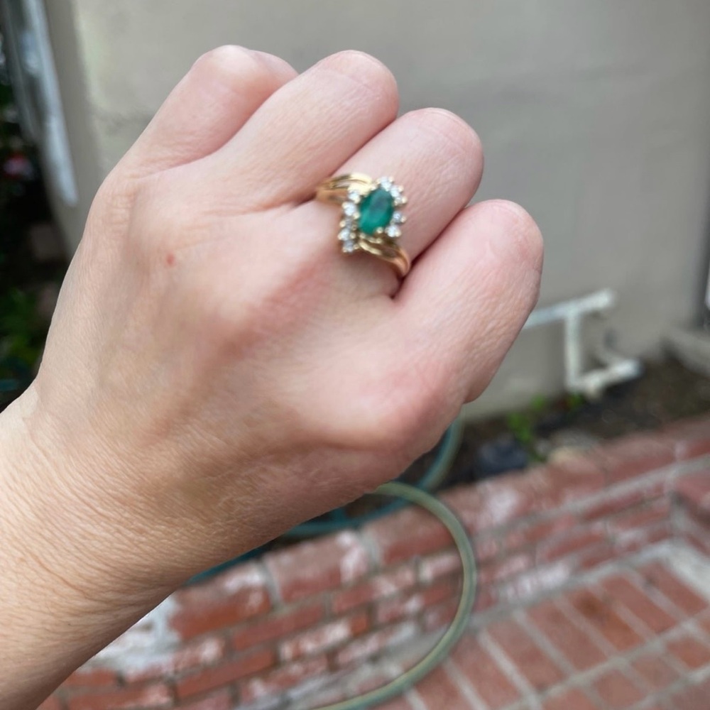 Estate solid 14k gold natural 1.60ctw Emerald and diamond halo  ring
